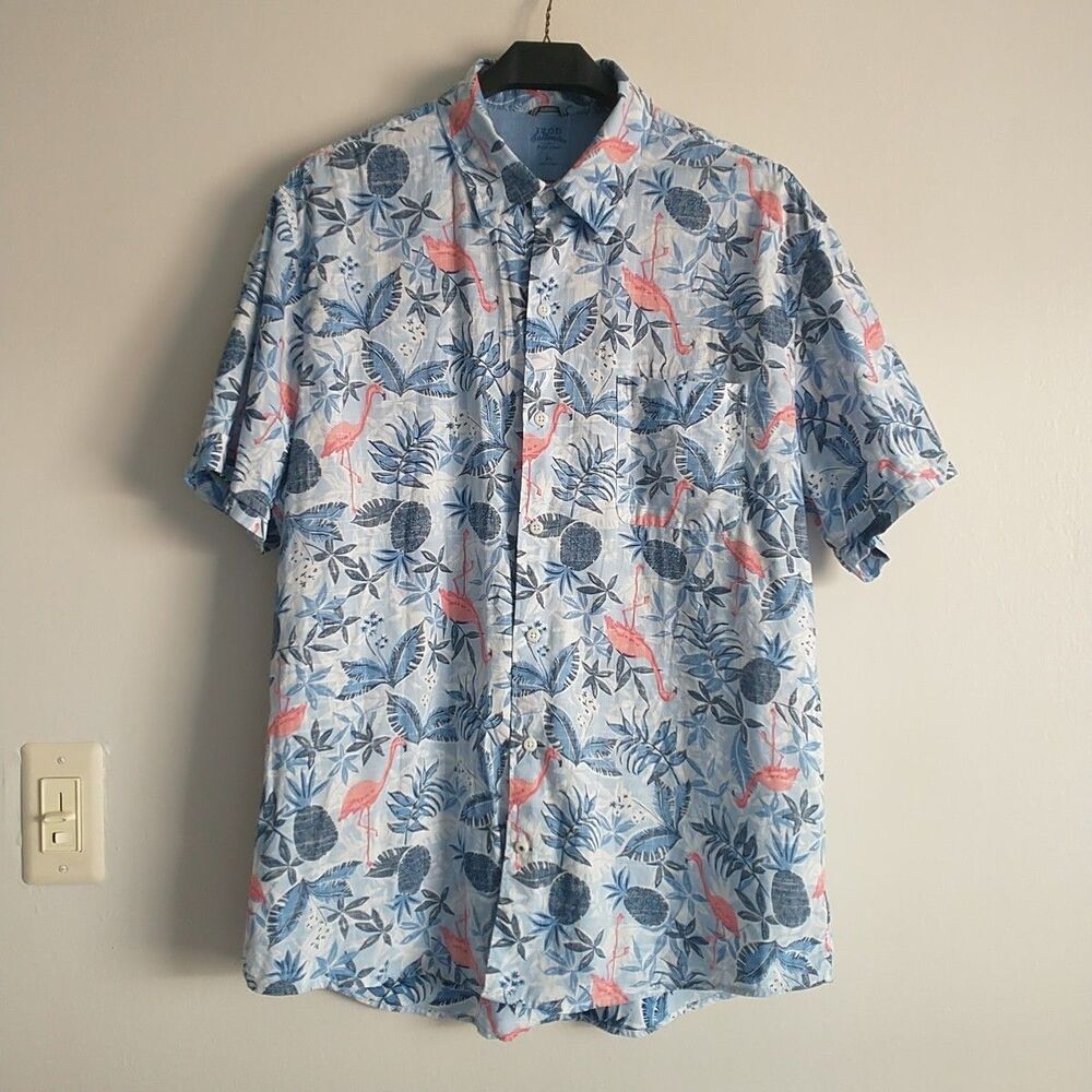 IZOD Saltwater Hawaiian Shirt Mens XL Blue Pink Floral Flaminco Relax Classics
